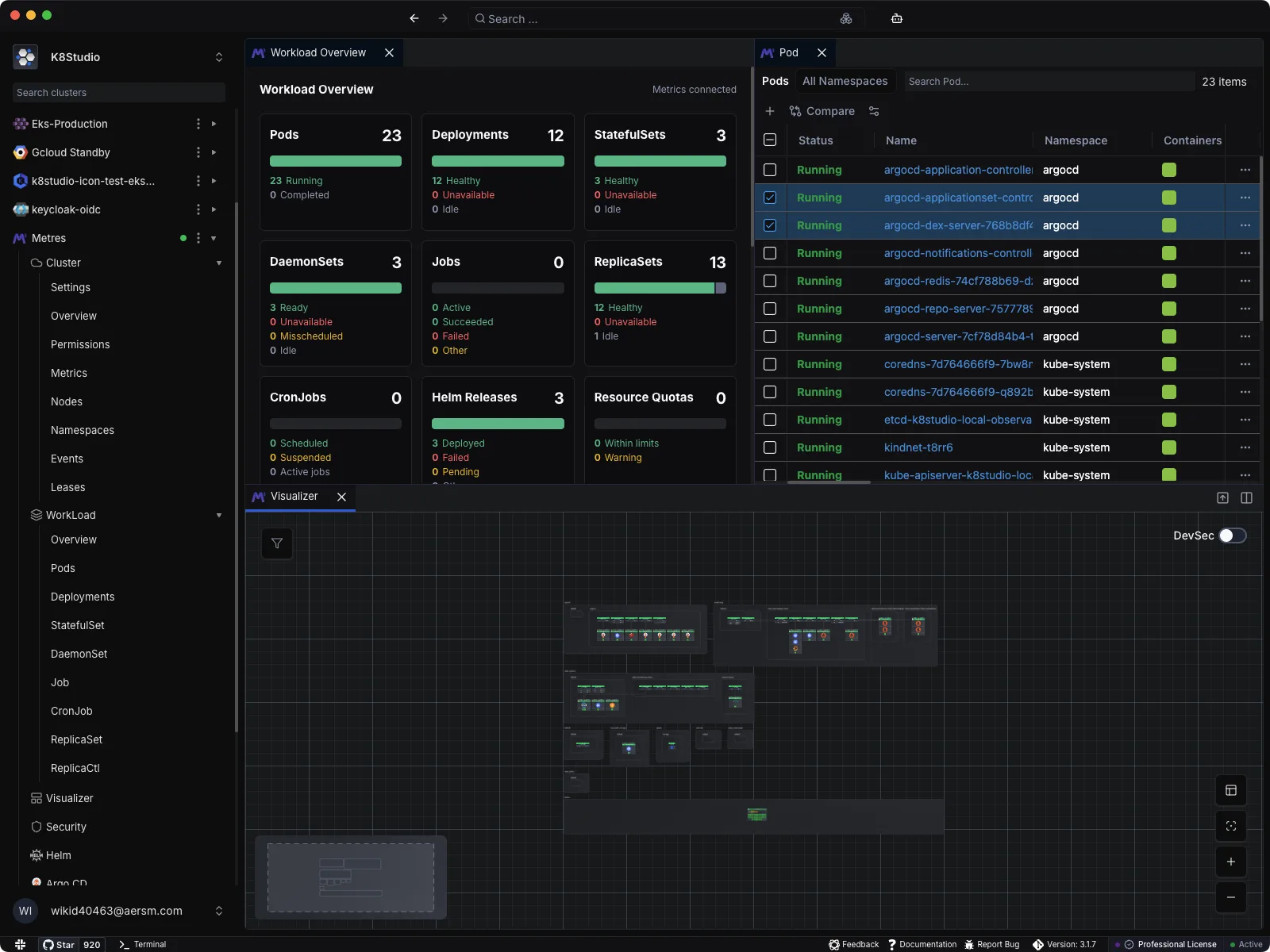 K8Studio workspace with multiple Kubernetes views docked together